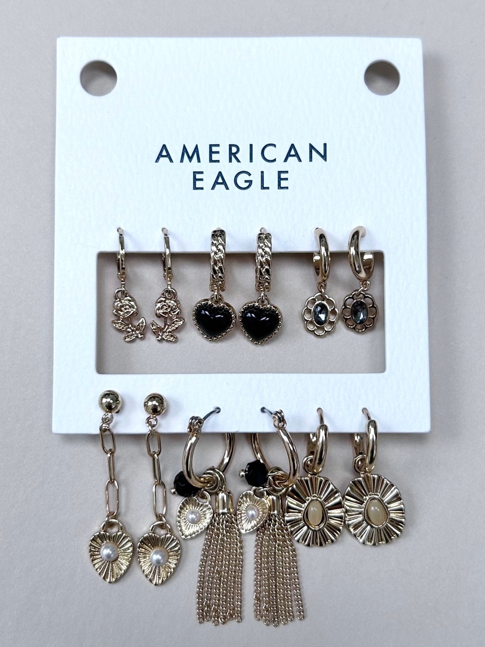 American Eagle Black Heart Rose Pearl Dangle Charm Gold Toned Earrings Set NWT